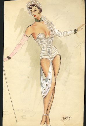 Ronald Cobb (British, 1907-1977) A signed original costume design for a Murray's Cabaret Club showgirl in a white corset, 1952, image 2
