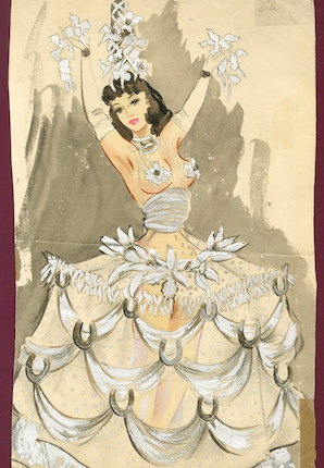 Ronald Cobb (British, 1907-1977) A large original costume design of a Murray's Cabaret Club showgirl in a silver hoop-skirt, 1950's, image 2