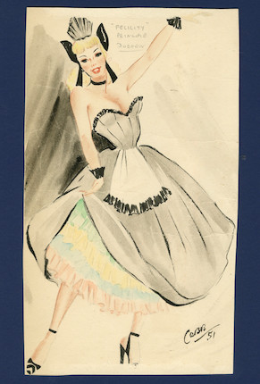 Ronald Cobb (British, 1907-1977) Two original costume designs of Murray's Cabaret Club showgirl 'Doreen' in pink and black dresses, 1951, 2 image 2