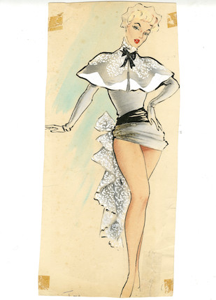 Ronald Cobb (British, 1907-1977) A large original costume design of a Murray's Cabaret Club showgirl in a grey dress with cape, 1950's, image 2