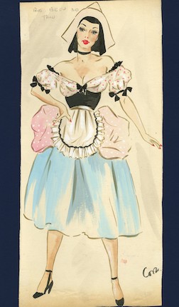 Ronald Cobb (British, 1907-1977) An original costume design for a Murray's Cabaret Club showgirl in a milkmaid costume, 1950's, image 2