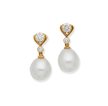 Bonhams : A pair of cultured pearl and diamond pendent earrings, by ...