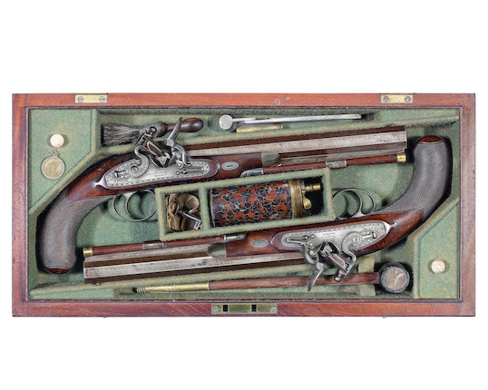 Sold at Auction: MUSEUM QUALITY CASED PAIR OF UNIQUE FLINTLOCK