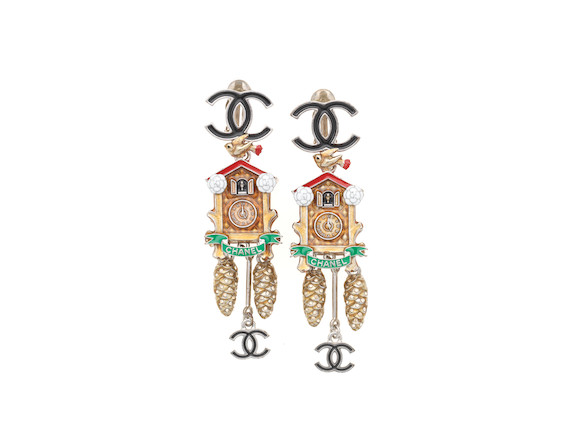 Bonhams : Enamel Cuckoo Clock Clip Earrings, Chanel Metiers d'Art 2015  Salzburg Collection