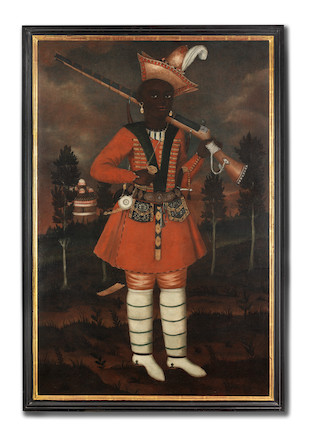 A rare Safavid oil painting of an African soldier Persia, Isfahan, circa 1680-90 image 3