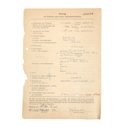 The Beatles/John Lennon An Important Group Of early documents including John Lennon's Permits Relating To The Beatles' historic Trips To Hamburg, 1960-1962, image 7