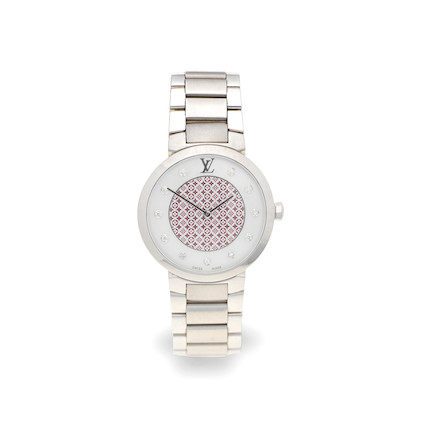 Bonhams : Louis Vuitton. A lady's stainless steel quartz bracelet watch  with mother of pearl dial Tambour Slim Valentine 33, Ref Q1G00, Purchased  14th February 2014