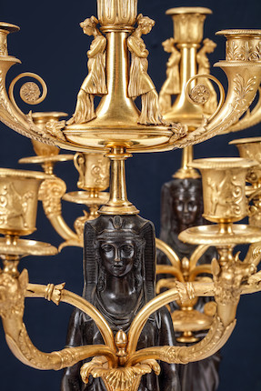A pair of fine and impressive Empire 'Retour D'Egypt' gilt and patinated bronze seven light figural candelabra Possibly attributable to Pierre-Philippe Thomire, early 19th century (2) image 12