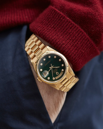 Bonhams : Rolex. A fine and rare 18K gold automatic calendar bracelet ...