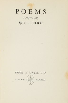 Bonhams : ELIOT (T.S.) Poems 1909-1925, FIRST EDITION, Faber & Gwyer, 1926