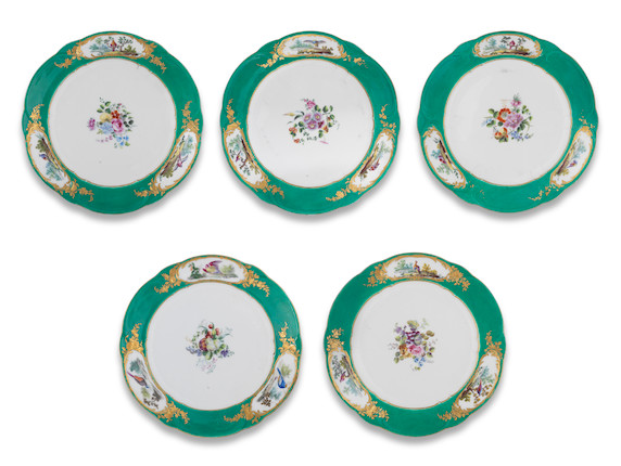 Bonhams : Five Sèvres Green-ground Plates (assiette à Palmes) From The 