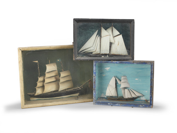 Bonhams : A group of three painted wood dioramas of ships Early 20th ...