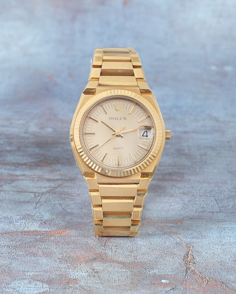 Bonhams : Rolex. A rare 18K gold quartz calendar bracelet watch 'Texan ...