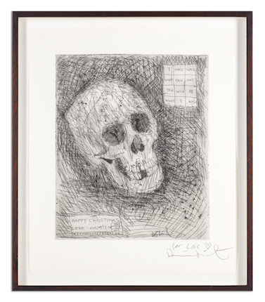 Damien Hirst (British, born 1965) Happy Christmas (Skull) Etching printed with tone, 2006, on wove, signed and dedicated 'for Loic' in pencil, from the edition of an unknown size, with full margins, 500 x 405mm (19 3/8 x 16in)(SH) image 3