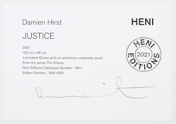 Damien Hirst (British, born 1965) Justice, from 'The Virtues' Laminated giclée print in colours, 2021, on aluminium panel, signed in pencil on the publisher's label affixed verso, stamp-numbered 264/1005, published by Heni Editions, London, housed in the original packaging, the full sheet printed to the edges, 1200 x 960mm (47 1/4 x 37 3/4in)(SH) image 2