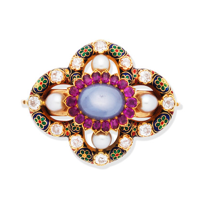 Bonhams : STAR SAPPHIRE, RUBY, PEARL, DIAMOND AND ENAMEL BROOCH