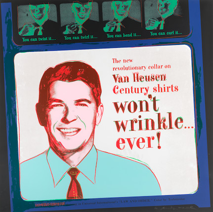Andy Warhol (American, 1928-1987) Van Heusen (Ronald Reagan), from Ads Screenprint in colours, 1985, on Lenox museum board, signed and numbered 3/190 in pencil, printed by Rupert Jasen Smith, published by Ronald Feldman Fine Arts Inc, New York, with their blindstamps and ink stamp on the reverse, the full sheet, framedSheet 960 x 960mm (37 7/8 x 37 7/8in) image 1