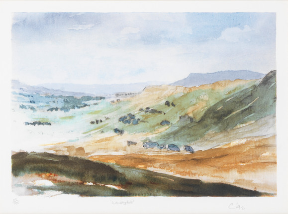 HM King Charles III (British, born 1948) Wensleydale from Moorcock; Wensleydale Two lithographs in colours, 1990-92, on wove paper, each signed with the initials, titled, dated and numbered 115/295 in pencil (there were also 25 artist's proofs for each), printed by Curwen Prints Ltd., Chilford, published by Anna Hunter and Guy Thompson, London, with their and the artist's blindstamps, with margins, framed; each accompanied by their justification pages signed by the publishers, housed within the blue linen-covered portfolios; together with a copy of the book 'Travels With The Prince', 1998, edition 56/100Image 265 x 385mm (10 1/2 x 15 1/4in)(and smaller)(5) image 8