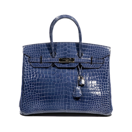 Hermes 35cm Blue Brighton Shiny Porosus Crocodile Birkin Bag with