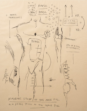 Jean-Michel Basquiat (American, 1960-1988) Étude académique de la figure masculine, d'après Da Vinci, 1983 sérigraphie en noir sur papier de riz Okiwaraepreuve non signée (mis à part l'édition de 20)avec le cachet sec de l'imprimeur, New City Editions, Venise, Californiefeuille 100.6 x 79.6cm (39 1/4 x 31 1/4in).screenprint in black on Okiwara rice paperunsigned proof (aside from the edition of 20)with the blindstamp of the printer, New City Editions, Venice, California image 1