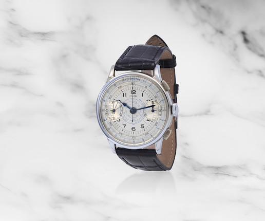 Vulcain. Chronographe bracelet en acier et plaqué chrome mouvement mécanique Vulcain. A stainless steel and chrome plated manual wind chronograph wristwatch  Circa 1940 image 1