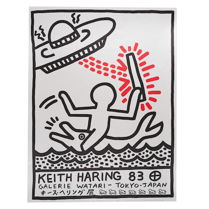 Keith Haring (American, 1958-1990) Galerie Watari, Tokyo, 1983(Gundel, 4 ; Döring et von der Osten, 5)affiche lithographique offset imprimée en rouge et noir sur vélin nacré japonaisde l'édition de 1000, publiée par On Sundays publications, Tokyo, à l'occasion de la première exposition personnelle de l'artiste à la Galerie Watari, Tokyo, Japonfeuille 67.9 x 51.7cm (26 3/4 x 20 1/4in).offset lithographic poster printed in red and black on Japanese pearlescent wovefrom the edition of 1,000, published by On Sundays Publications, Tokyo, on the occasion of the artist's first solo exhibition at Galerie Watari, Tokyo, Japan image 1