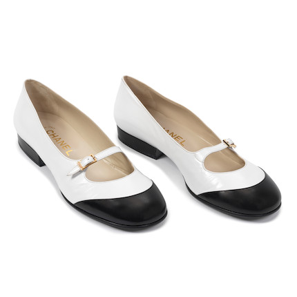 Bonhams : Chanel a Pair of Black and White Leather Ballet Flats (includes  box)