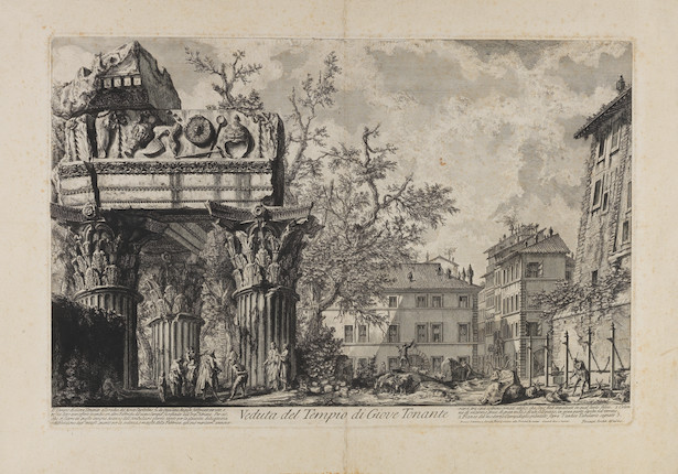 Giovanni Battista Piranesi (Italian, 1720-1778) A Collection of Eight Etchings Six plates, from Vedute di Roma Veduta dell'Anfiteatro Flavio, detto il Colosseo (Hind 57; Wilton-Ely 191), 1757, first state (of four); Avanzi della Villa di Mecenate a Tivoli (H.65), 1763, first state (of three); Veduta del Tempio di Giove Tonante (H.44; W-E.182), 1756, second state (of six); Veduta del Mausoleo d'Elio Adriano (H.30; W-E.170), 1754, first state (of four); Veduta del Mausoleo di Antonino e Faustina in Campo Vaccino (H.49; W-E.163), 1758, third state (of six); Veduta dell'Arco di Tito (H.98) 1771, first state (of four); together with Two plates, from Antichità Romane Veduta del sepolcro della famiglia Plauzia (W-E.432), 1756; Veduta di altra parte della Camera Sepolcrale di L. Arrunzio (W-E.367), 1756, all on heavy laid paper, five plates with double ring fleur-de-lis watermark (H.3)Sheet 548 x 785mm (21 5/8 x 30 7/8in)(and smaller)(8) image 5