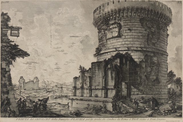 Giovanni Battista Piranesi (Italian, 1720-1778) A Collection of Eight Etchings Six plates, from Vedute di Roma Veduta dell'Anfiteatro Flavio, detto il Colosseo (Hind 57; Wilton-Ely 191), 1757, first state (of four); Avanzi della Villa di Mecenate a Tivoli (H.65), 1763, first state (of three); Veduta del Tempio di Giove Tonante (H.44; W-E.182), 1756, second state (of six); Veduta del Mausoleo d'Elio Adriano (H.30; W-E.170), 1754, first state (of four); Veduta del Mausoleo di Antonino e Faustina in Campo Vaccino (H.49; W-E.163), 1758, third state (of six); Veduta dell'Arco di Tito (H.98) 1771, first state (of four); together with Two plates, from Antichità Romane Veduta del sepolcro della famiglia Plauzia (W-E.432), 1756; Veduta di altra parte della Camera Sepolcrale di L. Arrunzio (W-E.367), 1756, all on heavy laid paper, five plates with double ring fleur-de-lis watermark (H.3)Sheet 548 x 785mm (21 5/8 x 30 7/8in)(and smaller)(8) image 2