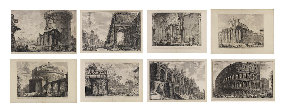 Giovanni Battista Piranesi (Italian, 1720-1778) A Collection of Eight Etchings Six plates, from Vedute di Roma Veduta dell'Anfiteatro Flavio, detto il Colosseo (Hind 57; Wilton-Ely 191), 1757, first state (of four); Avanzi della Villa di Mecenate a Tivoli (H.65), 1763, first state (of three); Veduta del Tempio di Giove Tonante (H.44; W-E.182), 1756, second state (of six); Veduta del Mausoleo d'Elio Adriano (H.30; W-E.170), 1754, first state (of four); Veduta del Mausoleo di Antonino e Faustina in Campo Vaccino (H.49; W-E.163), 1758, third state (of six); Veduta dell'Arco di Tito (H.98) 1771, first state (of four); together with Two plates, from Antichità Romane Veduta del sepolcro della famiglia Plauzia (W-E.432), 1756; Veduta di altra parte della Camera Sepolcrale di L. Arrunzio (W-E.367), 1756, all on heavy laid paper, five plates with double ring fleur-de-lis watermark (H.3)Sheet 548 x 785mm (21 5/8 x 30 7/8in)(and smaller)(8) image 1