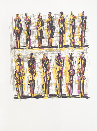 Henry Moore O.M., C.H. (British, 1898-1986) Prométhée; Heads, Figures and Ideas The complete portfolio comprising 15 lithographs in colours, 1950, on Marais paper, with title page, text and justification page numbered 97 of 183, published by Henri Jonquières, PA Nicaise Éditeur, Paris, the full sheets loose (as issued); together with Heads, Figures and Ideas, the complete book, comprising one lithograph in colours, 1958, on hand-made paper watermarked with the artist's signature, loose (as issued), with title page, text, and 58 facsimile plates, printed by Curwen Press, London, co-published by George Rainbird Ltd., London and New York Graphic Society Ltd., Greenwich, Connecticut, the full sheets, bound (as issued)Overall 473 x 333mm (18 5/8 x 13 1/8in)(and smaller)(2) image 2
