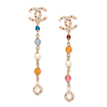 Chanel Regal Crown CC Drop Earrings Metal and Faux Pearls with Crystals  Gold 230474186