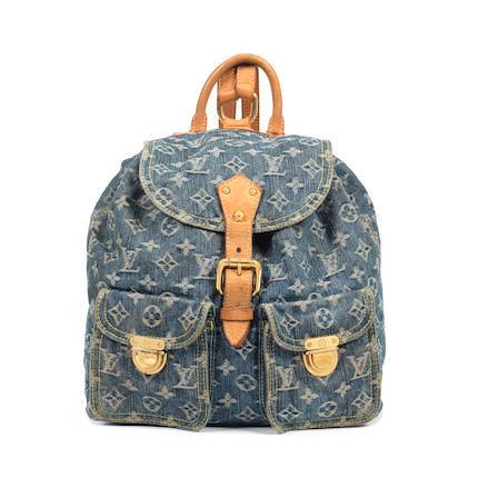 LOUIS VUITTON Monogram Denim Logo Gold Tan Leather Backpack Shoulder Bag
