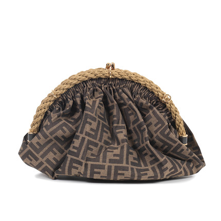 FENDI: leather and fabric pouch with jacquard FF monogram - Brown