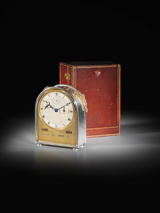 Breguet No. 759.  A very fine silver hump-backed carriage clock with perpetual calendar, moonphase, grande sonnerie striking and alarm, sold to Ettore Bugatti in 1931.  In the original fitted box, with certificate No. 3278 Breguet, Paris, number 759 4 image 1
