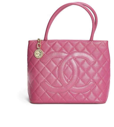 Bonhams : Chanel A Medallion bag of purple Caviar leather with gold tone  hardware, two handles and one exterior back pocket.