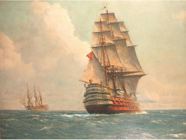 Michael Zeno Diemer (German, 1867-1939) Men o' War passing on the open sea 109.2 x 142.2cm