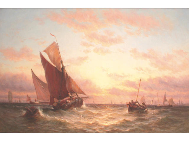 George Stainton (British, fl.1860-1890) Pulling in the catch: shipping on the mouth of the Thames 61 x 92cm