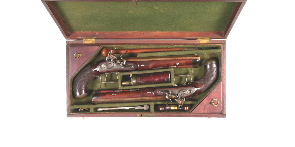 A Cased Pair Of 32-Bore Flintlock Duelling Pistols By Tatham & Egg Of London, No. 777, Circa 1812-14 23.5 cm. barrels
