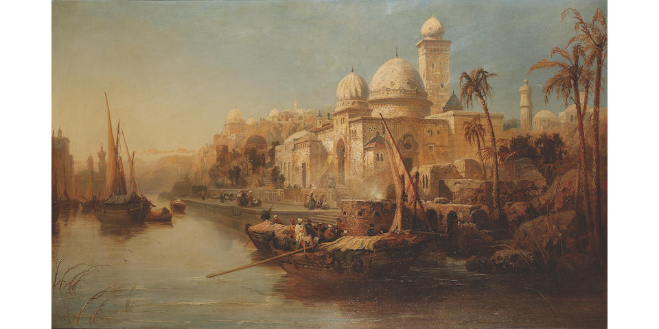 James Webb (British, 1825-1895) Arab vessels moored at the steps of a moorish palace 91.4 x 152.4 cm. (36 x 60 in.)