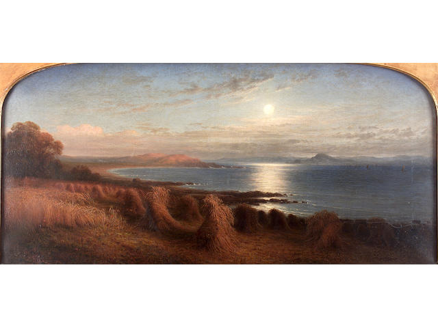 Waller Hugh Paton R.S.A. R.S.W. (1828-1895) "Corn sheaves by the coast, moonlight" 47cm x 101cm (18.5in. x 39.75in.)