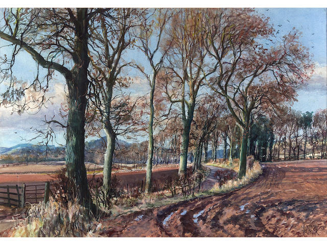 James McIntosh Patrick R.S.A. R.O.I. A.R.E. L.L.D. (1907-1999) "On the road to Millhaven at Kirkmichael Farm, Longfargan, Carse of Gowrie" 50cm x 72cm (19.5in. x 28.25in.)