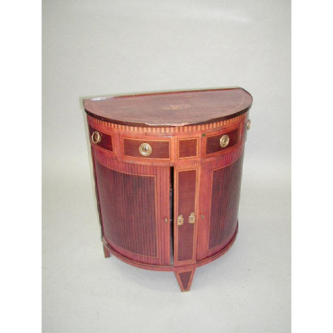 An Edwardian mahogany crossbanded and satinwood strung half round side cabinet,