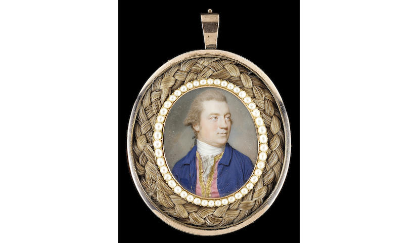 John Smart, A Gentleman, wearing blue coat, gold-trimmed pink waistcoat, white stock and frilled cravat, his natural hair worn en queue
