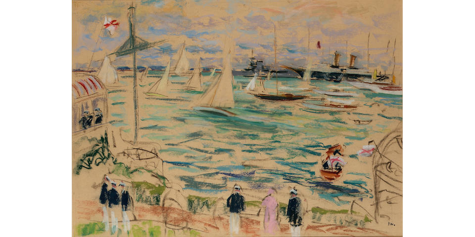 Paul Maze (British, 1887-1979) A Yacht race during Cowes Regatta with the Royal Yacht 'Victoria and Albert III' offshore 53.3 x 73.7cm. (21 x 29in.)