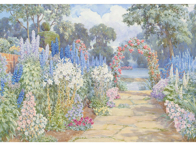 Beatrice Parsons (British, 1870-1955) A path bordered with Lupus, Convolvulus, Lillies, Delphiniums and Pansies, with a Rose Pergola at the end 25.5 x 35.5cm