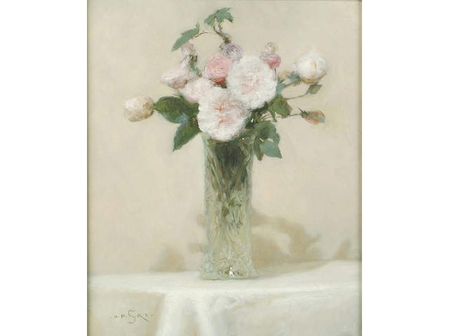 Paul Seaton (British, 20th Century) 'Maidens Blush' Alba Roses in a cut-glass vase in a cut-glass vase 50.8 x 40.5cm