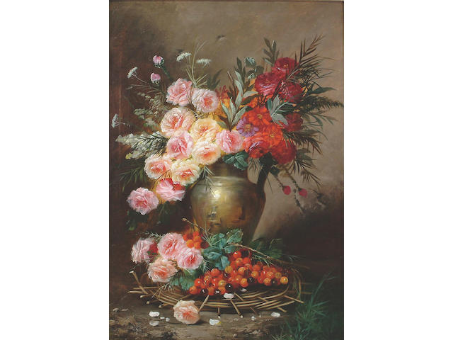 Max Albert Carlier (Belgian, 1872-1938) Still life of a jug filled with Roses, Chrysanthemums, Paeonies and Cow Parsley, with Cherries in the foreground 98 x 68cm