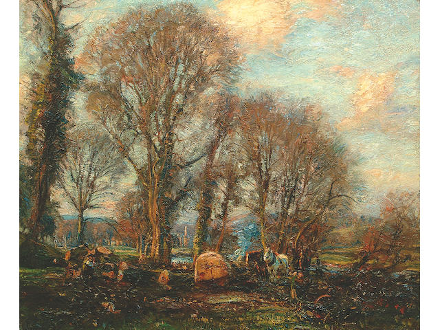 Herbert F. Royle (1870-1958) Figures cutting timber at Bolton Abbey, Wharfedale 51 x 61cm