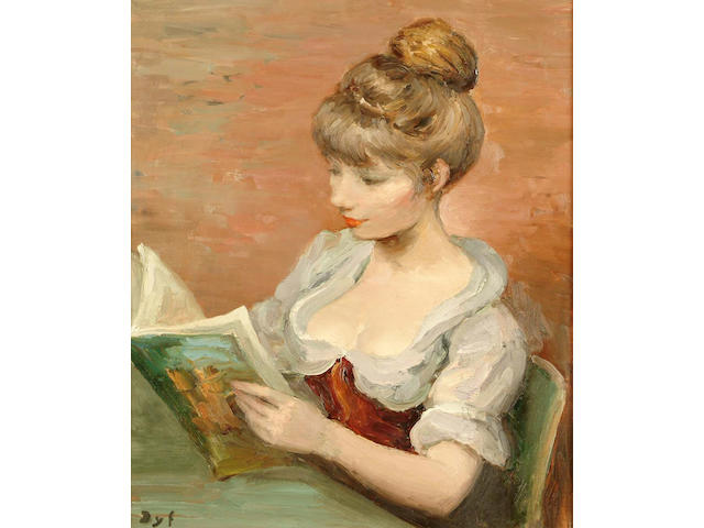 Marcel Dyf (French, 1899-1985) Claudine Reading in a Red Dress 55 x 46 cm.